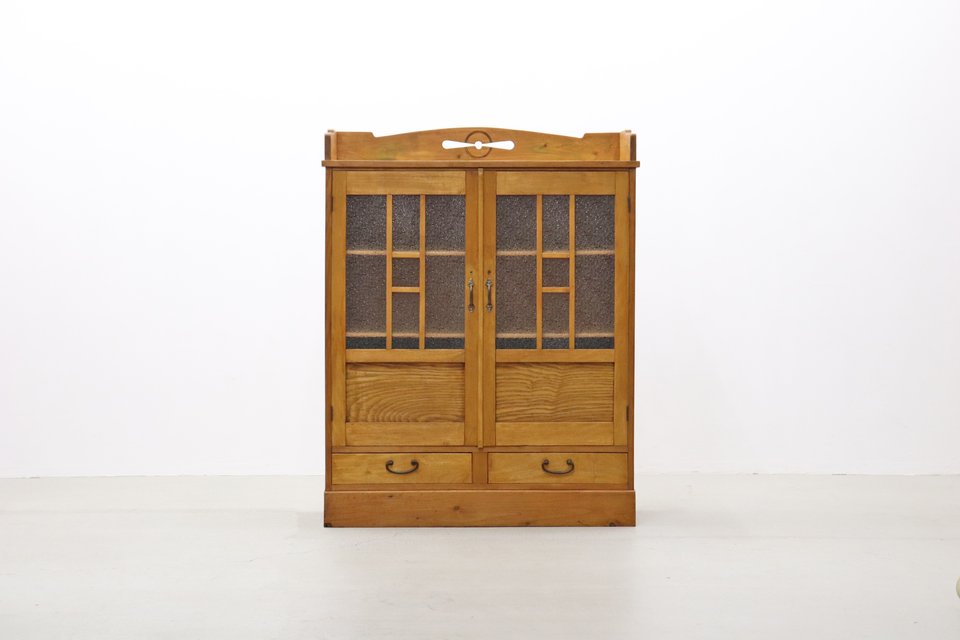 昭和レトロ ガラス戸棚｜引き出し付き食器棚｜古民家・カフェ什器に ◇レトロ ガラス戸棚 食器棚 書庫 本箱 収納 キャビネット 水屋箪笥